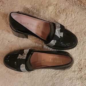 Kate Spade Glossy Black Loafers with Plaid Bow